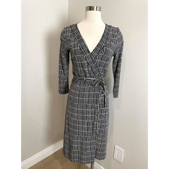 Ann Taylor Womens 6 Wrap Dress Black & White Pattern Stretch - Picture 1 of 8
